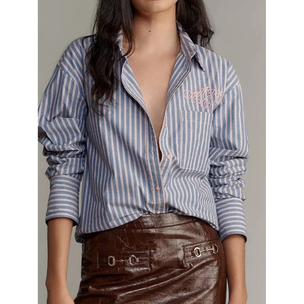 Maeve Anthropologie Embroidered Long-Sleeve Striped Buttondown Shirt  S 291296